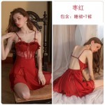 Rose Like Autumn and Winter Sexy Perspectives Temptation Private Room Pajamas Solid Color Hanging Sleeping Dress Outer Robe Women's Home Furnishing Set 2072