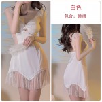 Guiruo Sexy Hollow out Temptation Ice Silk and Chest Cushion Gather Strap Sleeping Dress Simple Outer Robe Home Suit Set 3226