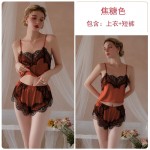 Guiruo Summer Sexy Ice Silk Splice Lace Suspender Top Shorts Outer Robe Women's Home Suit Set 19072