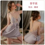 Guiruo French Open Back Temptation with Chest Pads Gathered Strap Sleeping Dress Mesh Outer Robe Women's Home Furnishing Set 3170