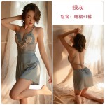 Qiruo Autumn and Winter Sexy Lace Embroidery Satin Nightwear Women's Open Back Thin Suspended Nightwear Home Suit Set 1515