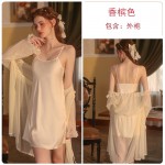 Guiruo Sexy Satin Deep V Open Back Small Chest Suspended Sleeping Dress Simple Mesh Outer Robe Women's Home Furnishing Set 2369