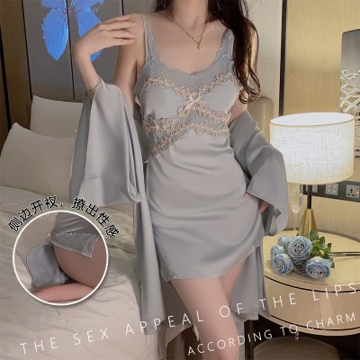 Guiruo Lingerie Sexy Split Jacquard Lace Open Back Satin Pure Desire Sleeping Dress Outer Robe Women's Home Set 1187