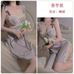 Guiruo Satin Embroidery Lace Perspective Low cut Gathering with Chest Pads Sexy Sleeping Skirt Outer Robe Home Suit Set 3559