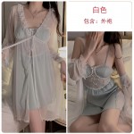 Guiruo Brand Sexy Hollow out Satin Lace Breast Pad Gathering Sleeping Dress Solid Color Robe Women's Home Set 3140