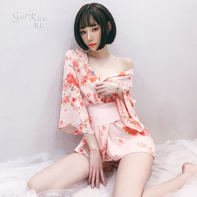 Guiruo Fun Underwear New Japanese Printed Kimono Sexy Hot Set Sexy Cardigan Chiffon Sleeping Dress 631