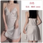 Guiruo Autumn and Winter New Lace Hanging Pajama Dress Women's Satin Sexy Deep V Split Pajama Home Suit Set 1538