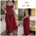 Guiruo Long Satin Face with Chest Cushion Low Chest Gathered Perspective Lace Sexy Open Back Strap Home Dresses Sleepwear 3388