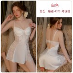 Guiruo Sexy Deep V Satin Patch Lace Backless Seduction with Chest Cushion, Sleeping Dress, Outer Robe, Home Suit Set C3461