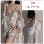 Guiruo Solid Color Pajamas Lace up Pajamas Sexy Deep V Lace Satin Suspended Pajama Dress Home Furnished Set 272