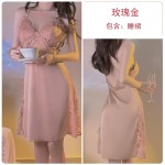 Rose Ruosi Smooth Satin Lace Deep V Sexy Open Back Slim Fit Slim Slim Slim Suspended Sleeping Dress Outer Robe Home Set 2744