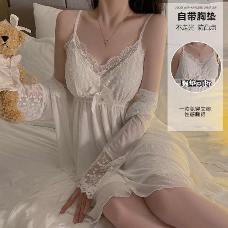 Guiruo Sexy Deep V with Chest Cushion Mesh Lace Pure Desire Backless Sleeping Dress Outer Robe Women's Home Suit Set 2241