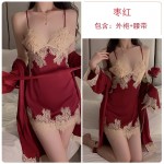 Ruo Ruo Solid Satin Patch Embroidery Lace Deep V Lace Attraction Pure Desire Sling Sleeping Dress Outer Robe Home Suit 966