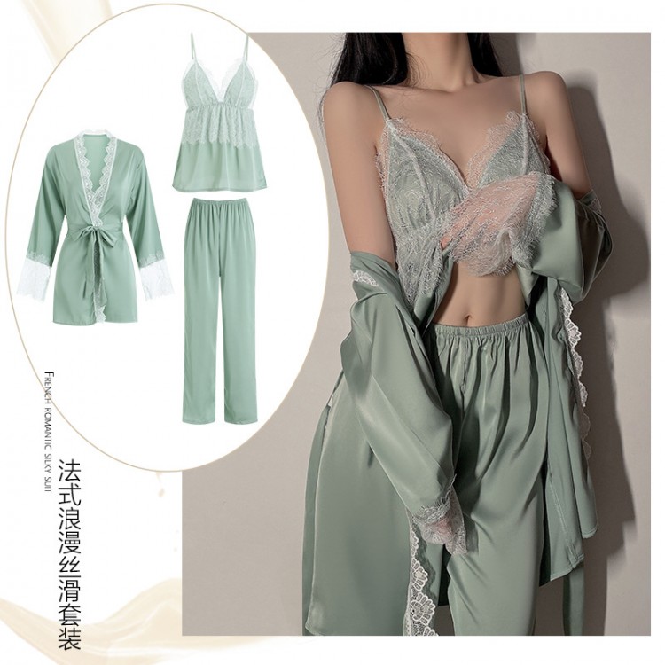 Original and Sexy Deep V Satin Lace Private Room Pajamas by Guiruo Spring and Summer, French Home Furnishing Set for Women 19076