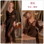 Guiruo Sexy Deep V Mesh Embroidery Lace Splice and Chest Pad Long Sleeping Dress Women's Home Furnishing Set J2809