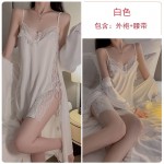 Guiruo Lingerie Satin Lace Sexy Deep V Hollow Lace Lace Double Split Sling Sleeping Dress Outer Robe Home Set 542