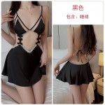 Guiruo Sexy Backless Temptation Ice Silk Pajamas with Chest Pads Gathered Strap Sleeping Skirt Outer Robe Home Suit Set 1667