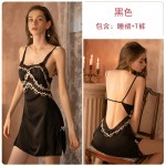 Guiruo New Style Pajamas Women's Satin Lace Open Back Seduction Chest Cushion Suspender Sleeping Dress Home Suit Set Issued on behalf of 1187