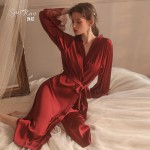 Guiruo brand sexy lace patchwork satin pajamas long robe women's home clothing set issued on behalf of 19960