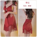 Ruo Ruo Sexy Transparent Yarn Sweet Flying Sleeves and Chest Cushion Deep V Hollow out Temptation Women's Satin Nightgown Outer Robe Set 3226