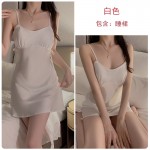 Guiruo Lingerie Summer Solid Color Ice Silk Waist Slim Lace Up Fold Suspended Sleeping Dress Outer Robe Home Set 1517