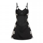 Guiruo Sexy Deep V Hollow out Temptation Lace Lace Lace Nightwear Open Back Pleated Suspended Dress Home Suit Set 1607