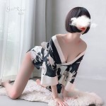 Guiruo Fun Lingerie Uniform Temptation Open Front Printed Japanese Bow Big Cuffs Kimono Sexy Set 693