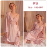 Guiruo Sexy Satin Lace Perspective Cross Back with Chest Cushion Pure Desire Sleeping Dress Outer Robe Home Suit Set 2744