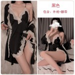 Guiruo Brand Solid Lace Small Chest Pajamas Low Chest Suspended Dress Lace Comfortable Outer Robe Home Suit Set 893