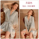 Guiruo Sexy Lace Deep V Temptation Pajamas Open Back Split Suspended Pajama Dress Lace Up Outer Robe Home Suit Set 272