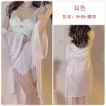 Ruo Ruo Sexy Transparent Yarn Sweet Flying Sleeves and Chest Cushion Deep V Hollow out Temptation Women's Satin Nightgown Outer Robe Set 3226