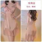 Guiruo Sexy Hollow out Temptation Ice Silk and Chest Cushion Gather Strap Sleeping Dress Simple Outer Robe Home Suit Set 3226