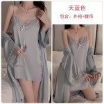 Guiruo Lingerie Satin Lace Sexy Deep V Hollow Lace Lace Double Split Sling Sleeping Dress Outer Robe Home Set 542