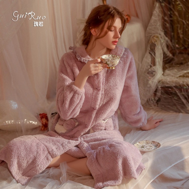 Guiruo Sexy Flannel Cute Doll Neck Nightgown Casual Thick Outrobe Women's Home Fur Set P3027