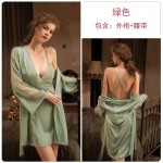 Guiruo Sexy Deep V Satin Patch Lace Perspective Open Back Suspended Sleeping Dress Lace up Outer Robe Home Suit Set 780