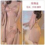 Guiruo Sexy Hollow out Temptation Ice Silk and Chest Cushion Gather Strap Sleeping Dress Simple Outer Robe Home Suit Set 3226