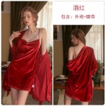 Guiruo Brand Velvet Sweet Lace Perspective Robe Loose and Comfortable Suspended Sleeping Dress Women's Homewear Set 1924