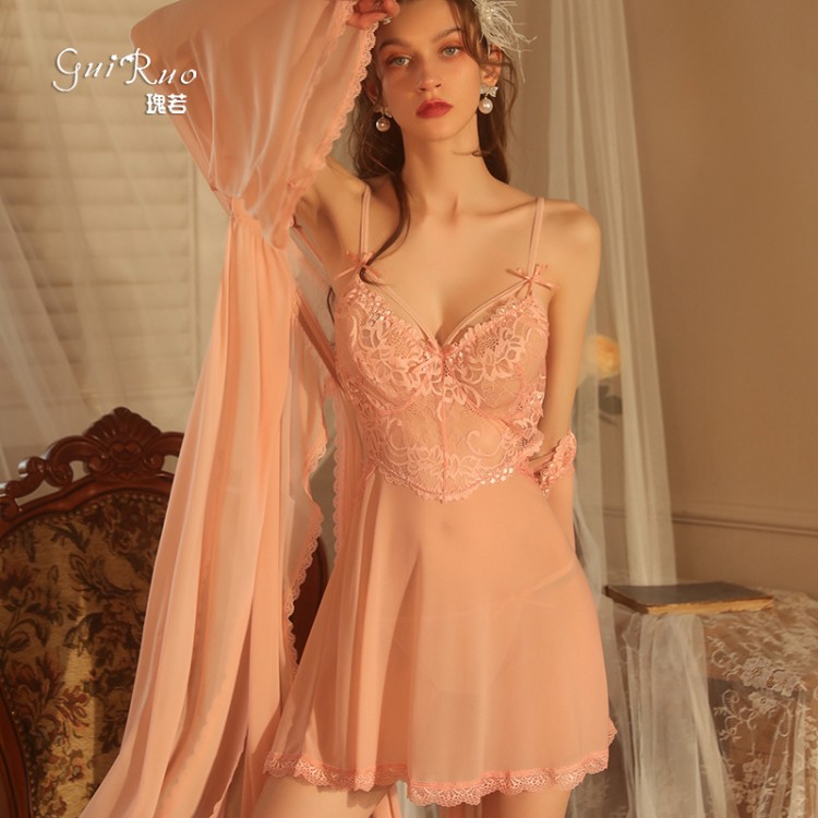 Guiruo Spring/Summer Sexy Mesh Perspective Lace Sweet Chest Cushion Suspender Sleeping Dress Women's Outrobe Home Suit Set 1827