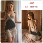 Guiruo Brand Ou Meimei Sexy Deep V Satin Lace Solid Strap Sleeping Dress Cross Backless Homewear 1034