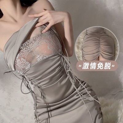 Guiruo Fun Underwear Sexy Pure Desire Drawstring Pajamas Slim Fit Lace Hanging Pajama Dress Uniform Set 1612