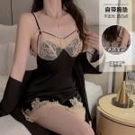 Guiruo Satin Lace Perspective Hollow Out with Chest Cushion Deep V Sexy Backless Nightgown Outrobe Home Suit Set 1048