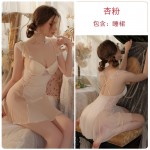 Guiruo Sexy Sweet Deep V Chest Cushion Steel Ring Gathering Satin Mesh Perspective Backless Home Sleeping Dress Set P3119