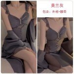 Guiruo satin patchwork lace sheer sexy backless and padded pajama gown women's home set J3123