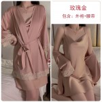 Guiruo minimalist style, solid color, sexy, low cut collar, open back, seductive satin nightgown, outerwear, home clothing set 1477