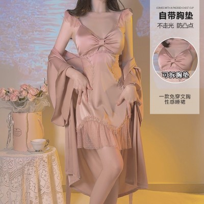 Guiruo Summer Sexy Mesh Perspective Temptation with Chest Cushion Ice Silk Sling Sleeping Dress Outer Robe Home Fur Set 3226