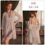 Guiruo Sexy Satin Deep V Open Back Small Chest Suspended Sleeping Dress Simple Mesh Outer Robe Women's Home Furnishing Set 2369