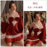 Guiruo Sexy Ice Silk Pajamas with Chest Pads and Steel Rings Gathered Open Back Suspended Sleeping Skirt Outer Robe Home Suit Set 3230