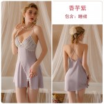 Guiruo Fresh Fragmented Flower Embroidery Sexy Small Split with Chest Cushion Satin Sleeping Dress Mesh Outer Robe Home Furnishing P2754