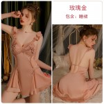 Guiruo Sexy Lace and Chest Cushion Open Back Hollow out Temptation Satin Nightwear Simple Outer Robe Home Suit Set 3420