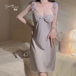 Guiruo Satin Lace V-Neck Gathered with Chest Cushion Lace Strap Cross Back Sleeping Dress Outer Robe Home Suit Set J3336